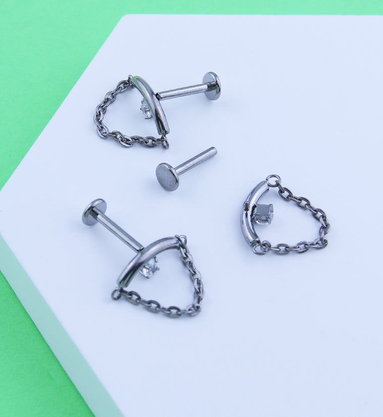 Curved Bar Clear CZ Dangle Chain Titanium Internally Threaded Labret ...