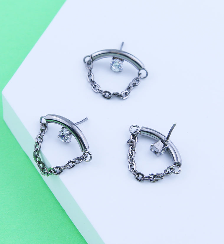 Curved Bar Clear CZ Dangle Chain Titanium Threadless Top