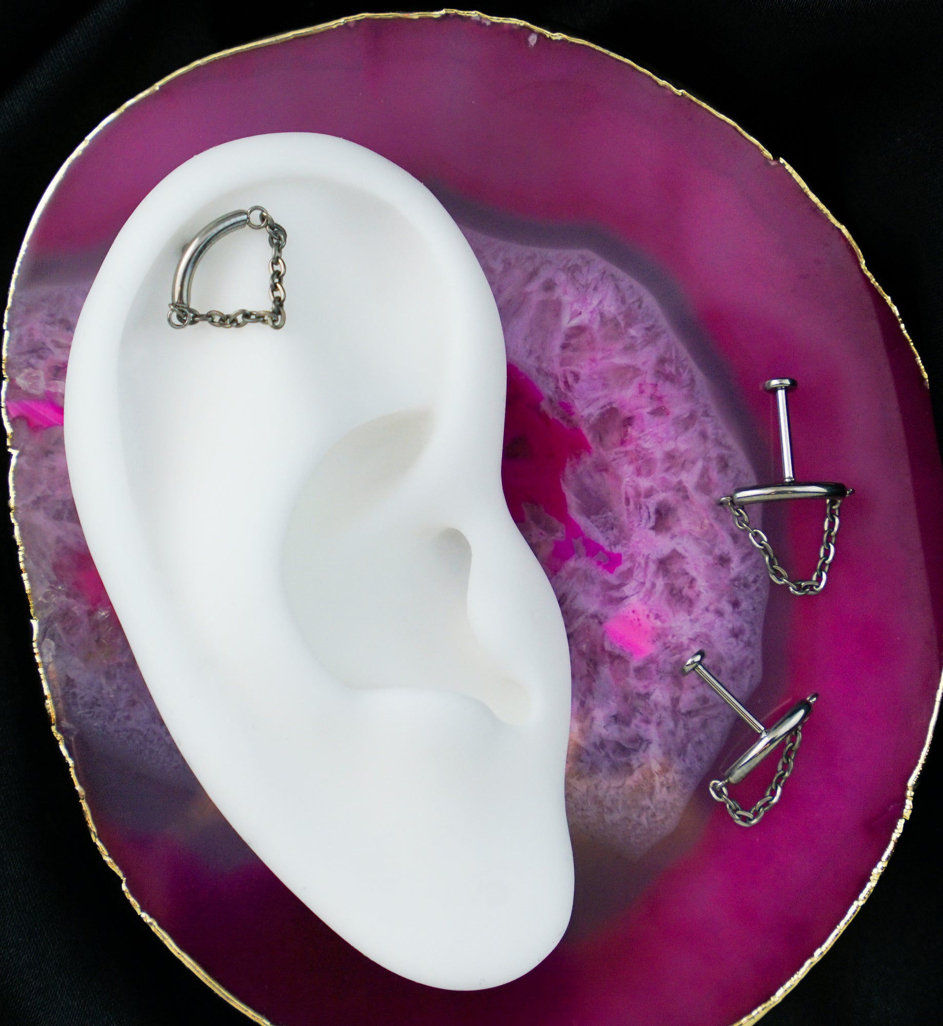 Curved Bar Dangle Chain Titanium Threadless Labret | UrbanBodyJewelry.com