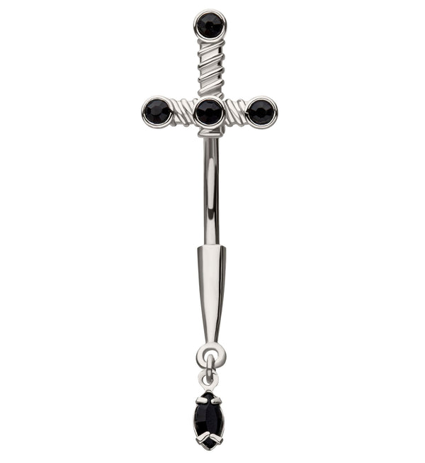 Dagger Black CZ Dangle Stainless Steel Belly Button Ring