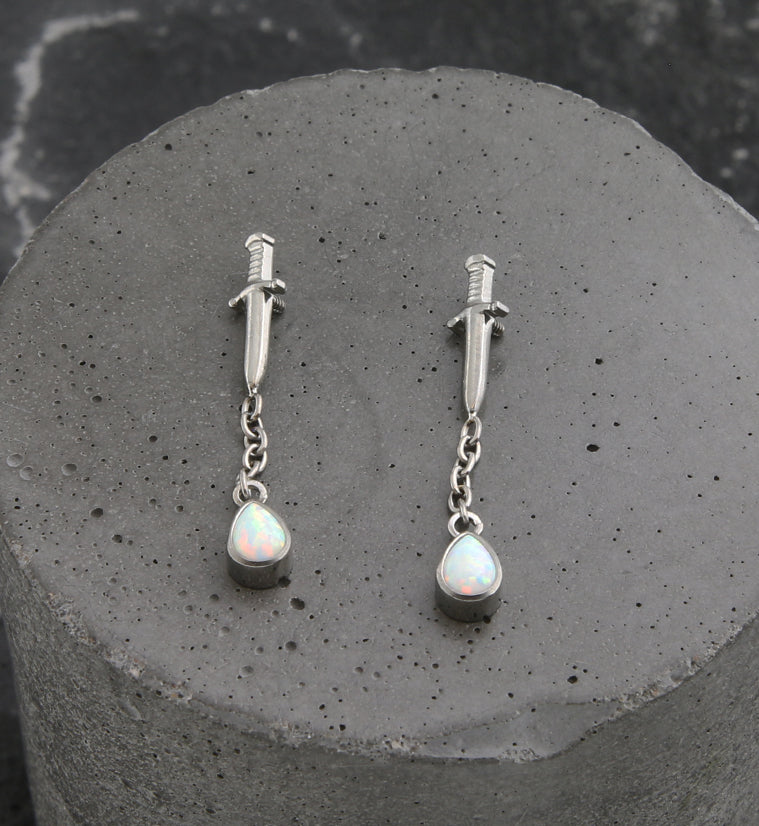 Dagger Dangle Chain Teardrop White Opalite Internally Threaded Titanium Top
