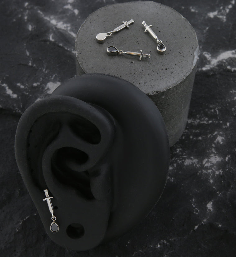 Dagger Dangle Teardrop Black CZ Internally Threaded Top