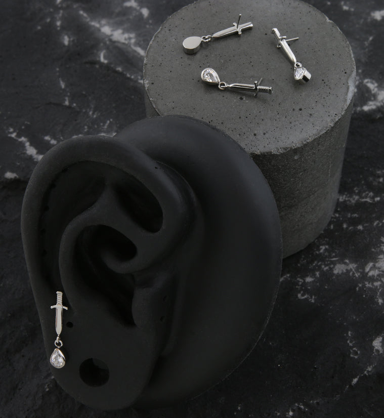 Dagger Dangle Teardrop Clear CZ Threadless Top