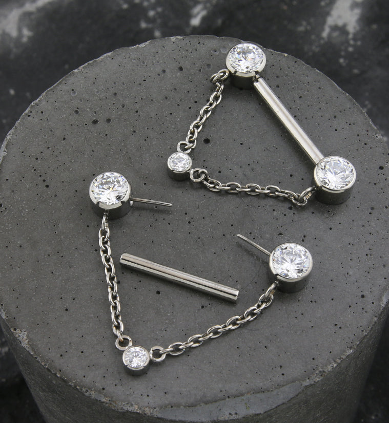 Dangle Chain Single Clear CZ Titanium Threadless Nipple Barbell
