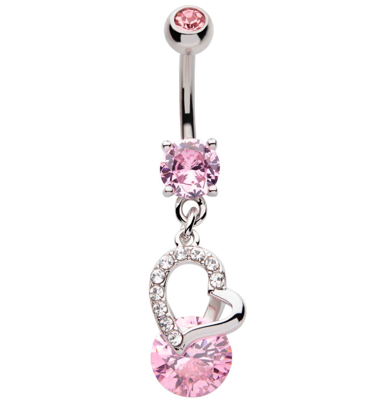 Dangling Heart Pink CZ Stainless Steel Belly Button Ring