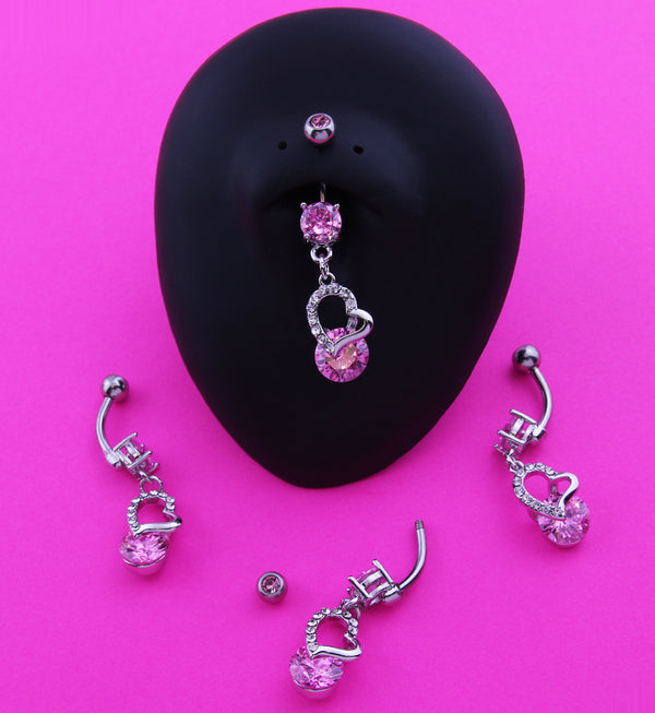 Dangling Heart Pink CZ Stainless Steel Belly Button Ring