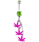 Dangling Triple Pink Hemp Leaf Green CZ Stainless Steel Belly Button Ring