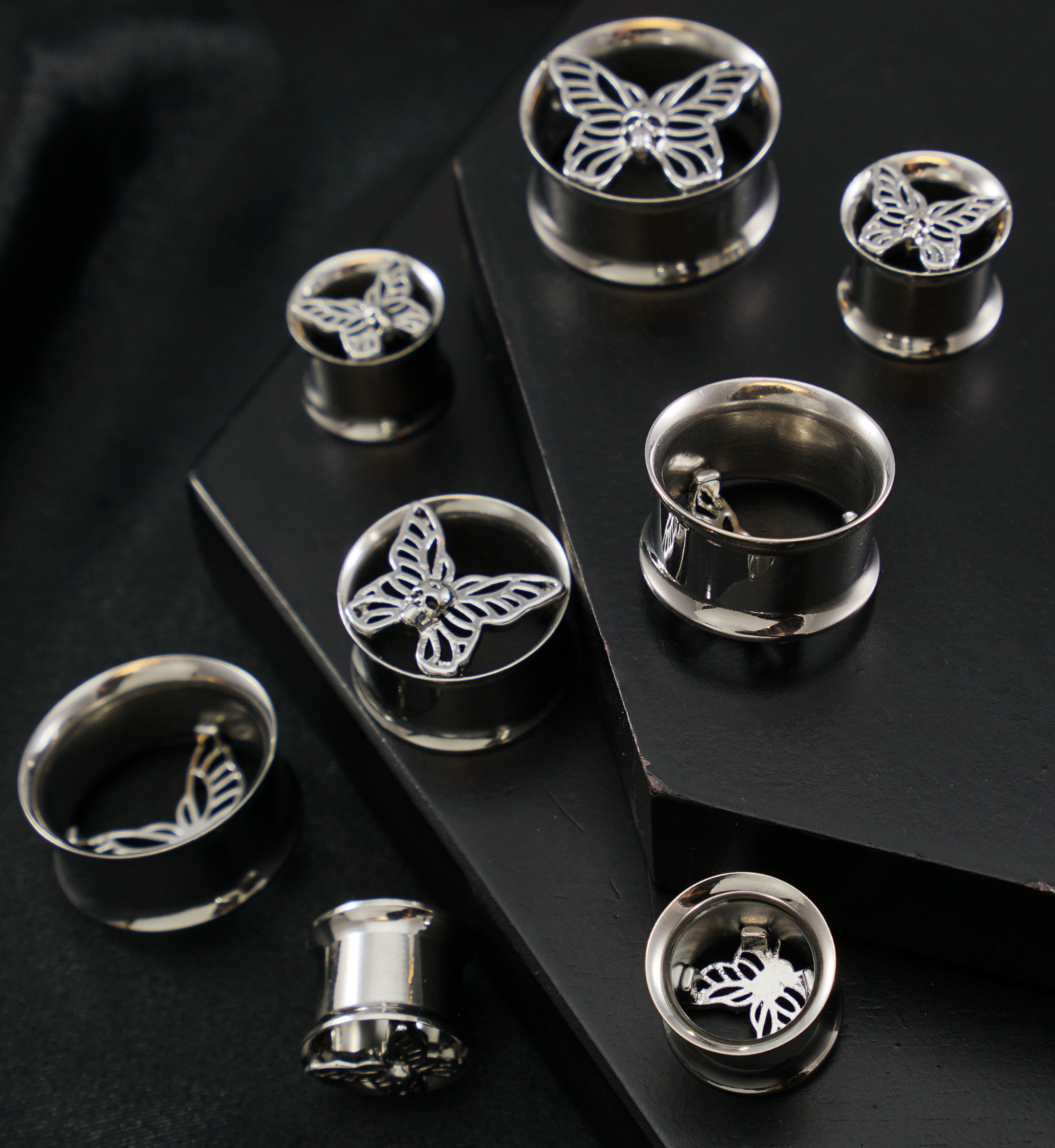Death Moth Stainless Steel Double Flare Tunnel Plugs