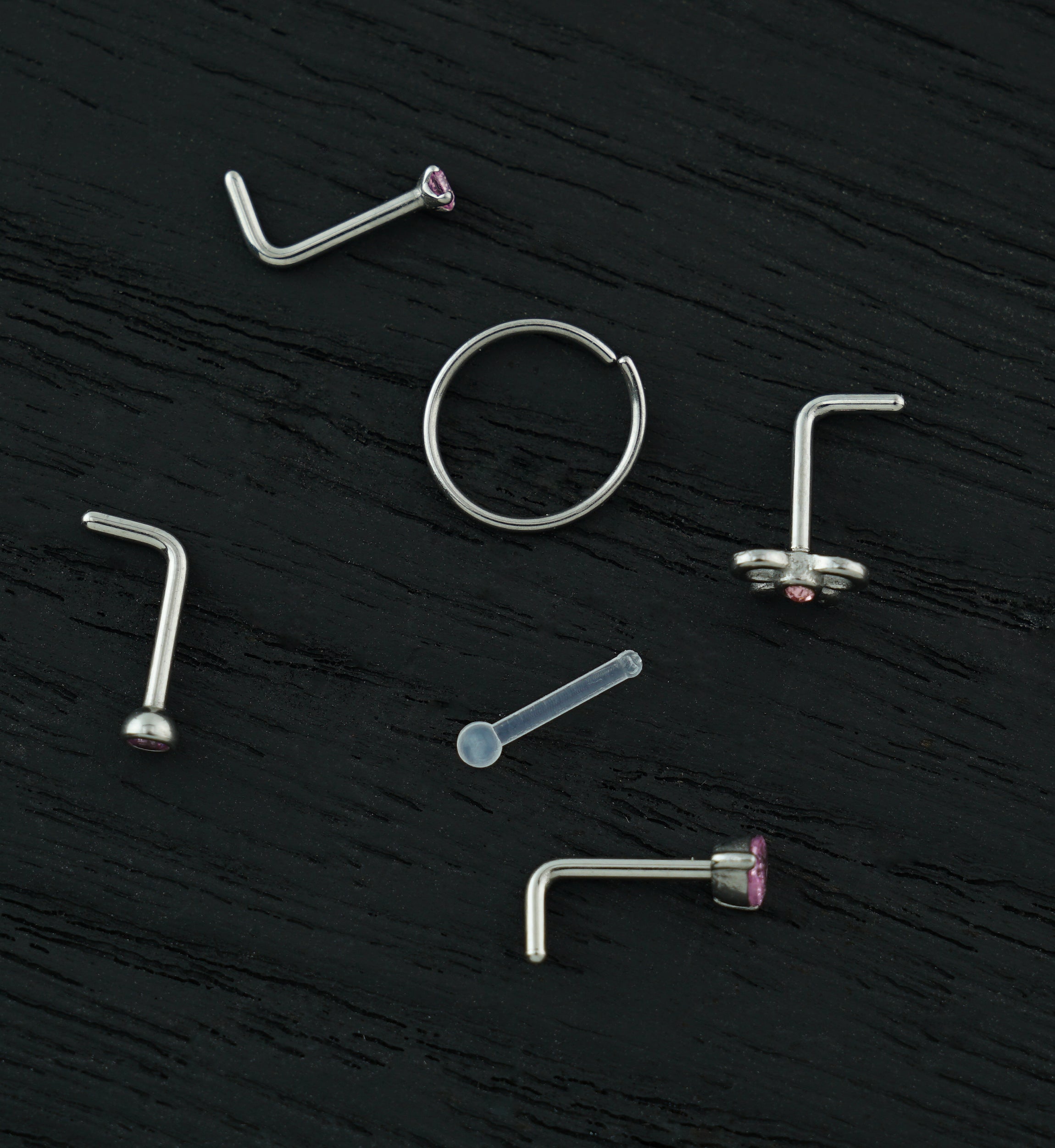Demure Pink CZ Stainless Steel L Bend/Stud/Hoop Variety Pack (6 Pack)