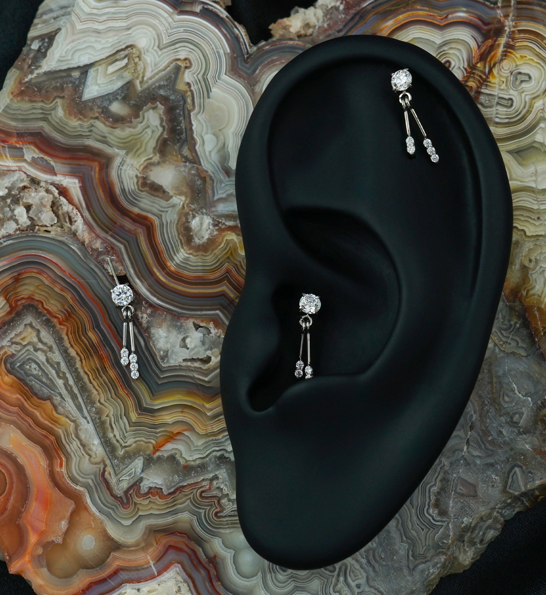 Double Clear CZ Bar Dangle Vertical Titanium Threadless Top