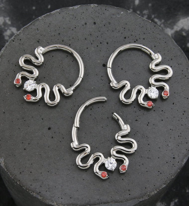 Double Curvy Snake Red CZ Eyes Hinged Segment Ring
