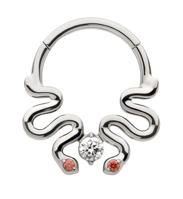 Double Curvy Snake Red CZ Eyes Hinged Segment Ring