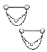 Double Dangle Chain Clear CZ Titanium Threadless Nipple Barbell
