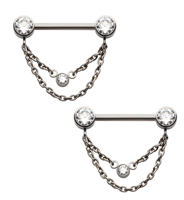 Double Dangle Chain Clear CZ Titanium Threadless Nipple Barbell