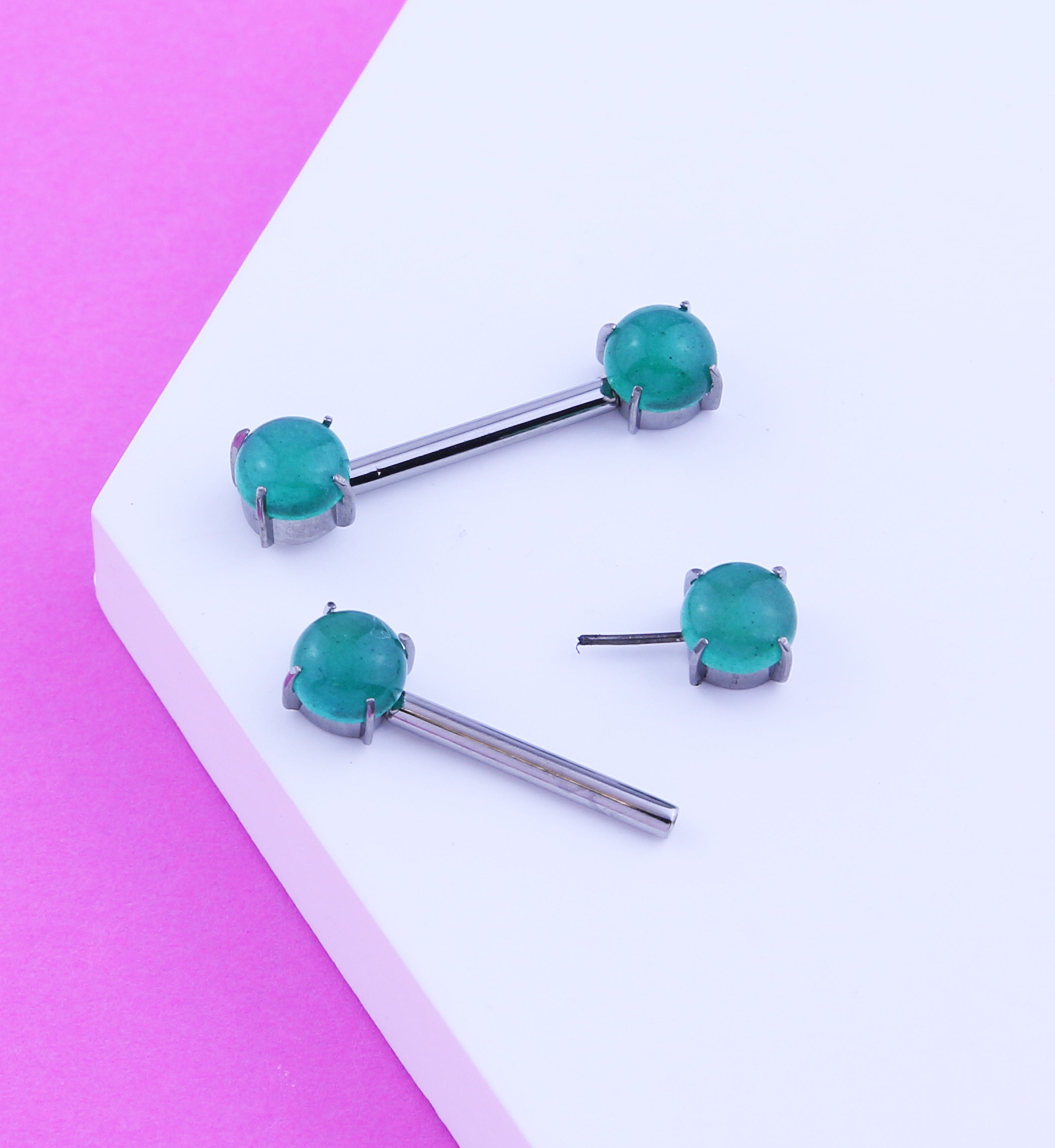 Double Green Aventurine Stone Threadless Titanium Nipple Barbells