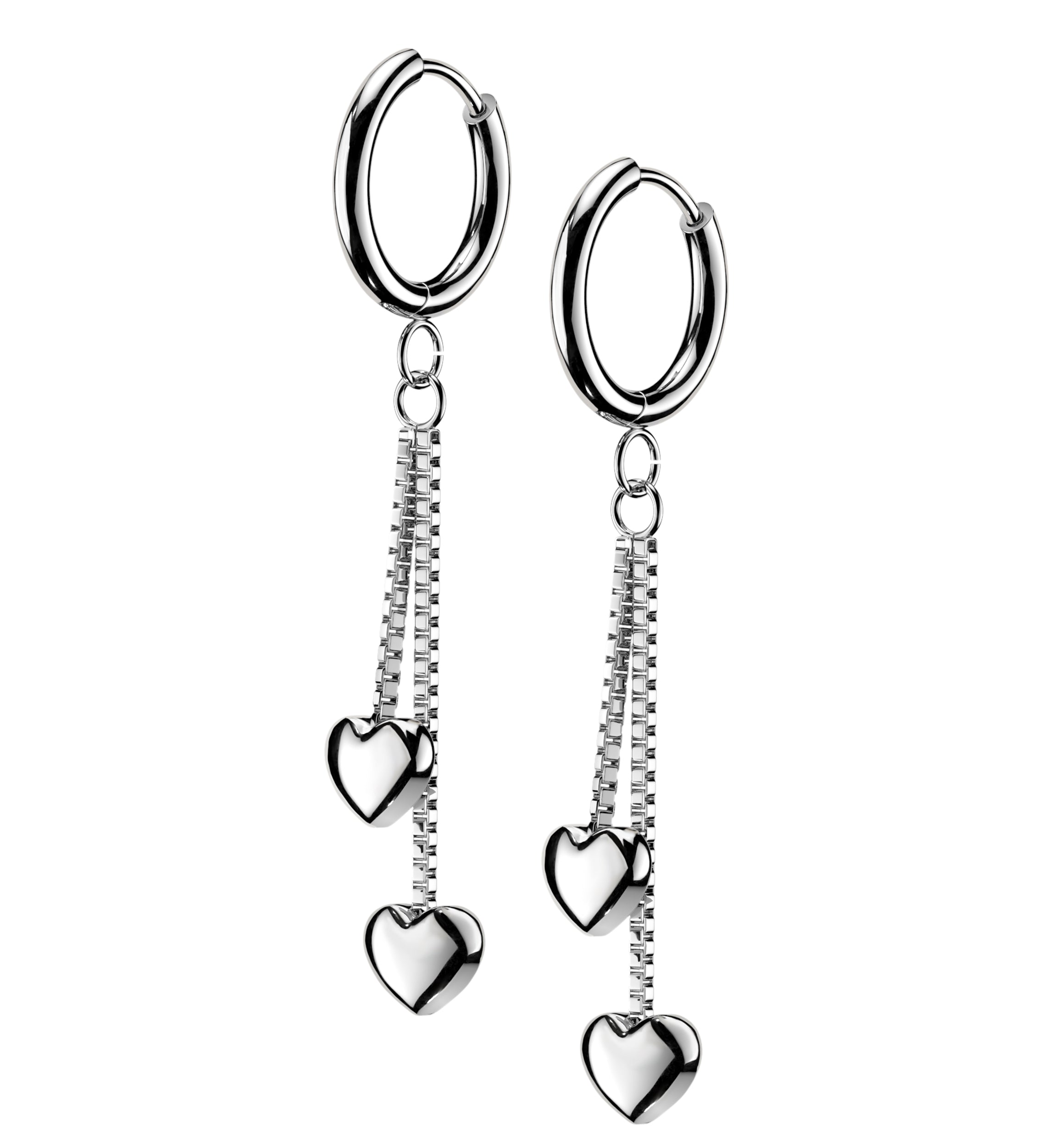 Double Heart Chain Stainless Steel Hinged Hoop Earrings