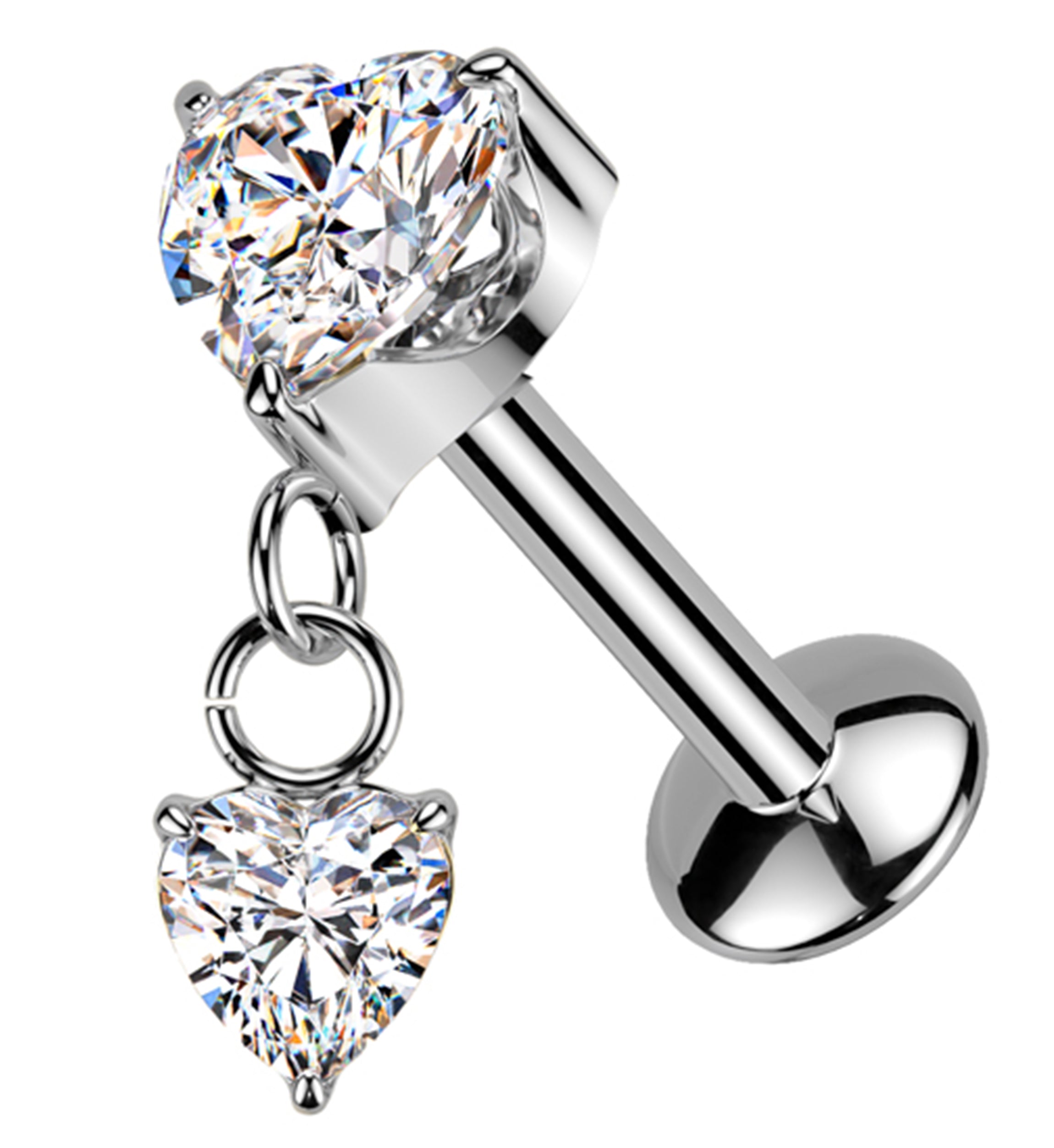Double Heart Dangle Clear CZ Threadless Titanium Convex Disk Labret