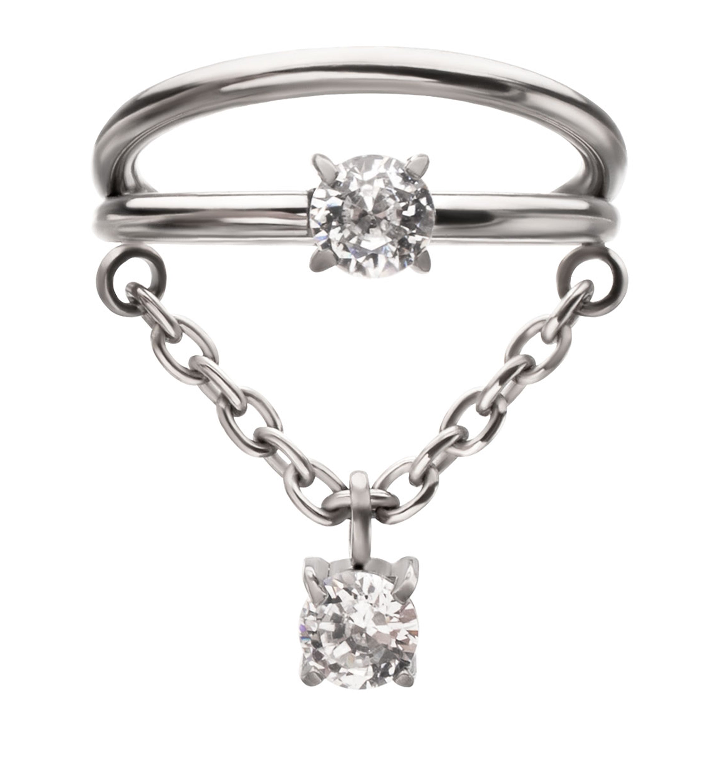 Double Hoop Clear CZ Dangle Chain Hinged Segment Ring