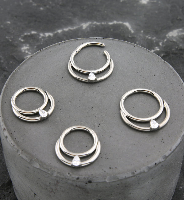 Double Hoop Teardrop CZ Titanium Hinged Segment Ring