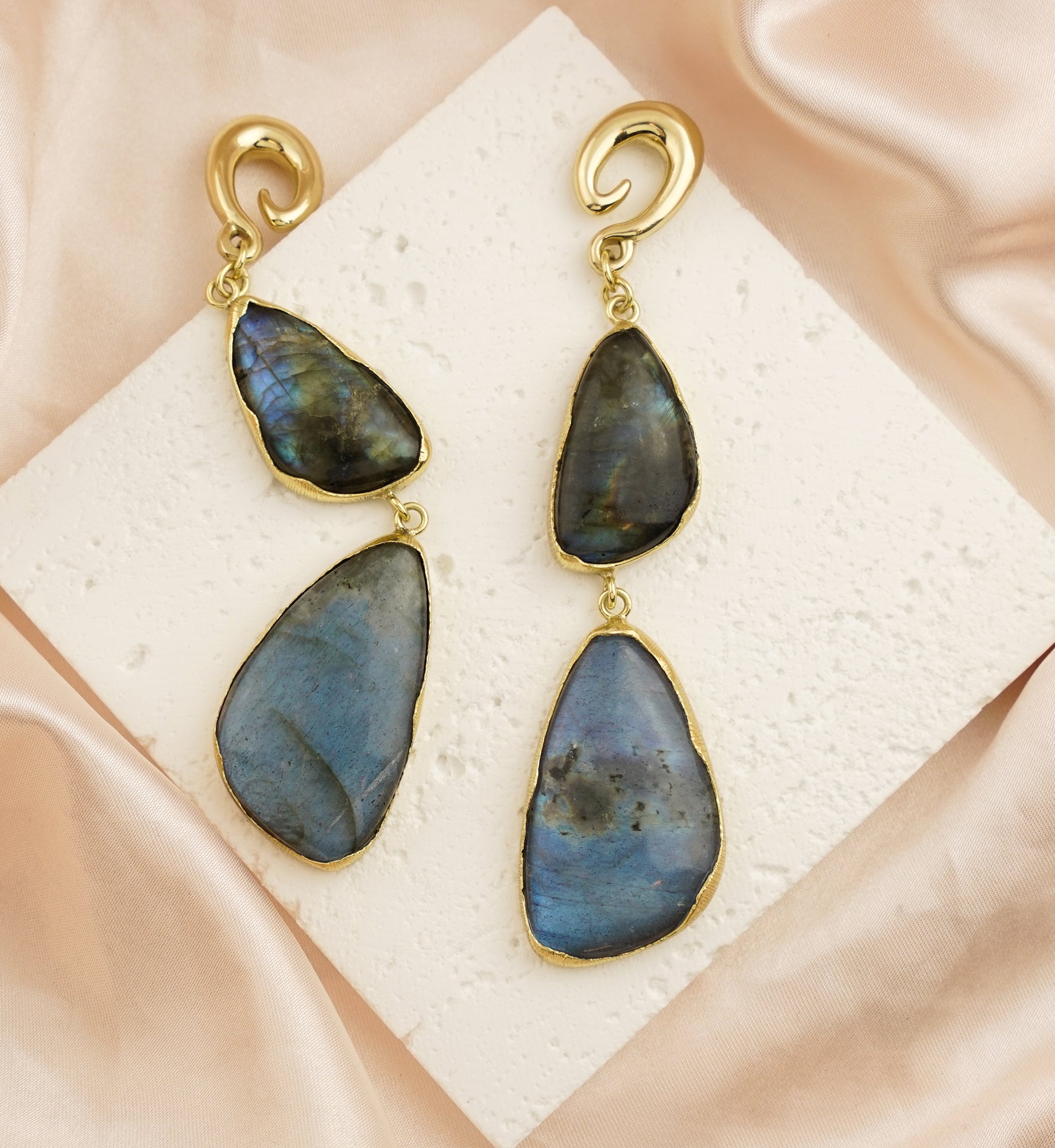 Double Labradorite Stone Brass Hangers/Ear Weights Version 3