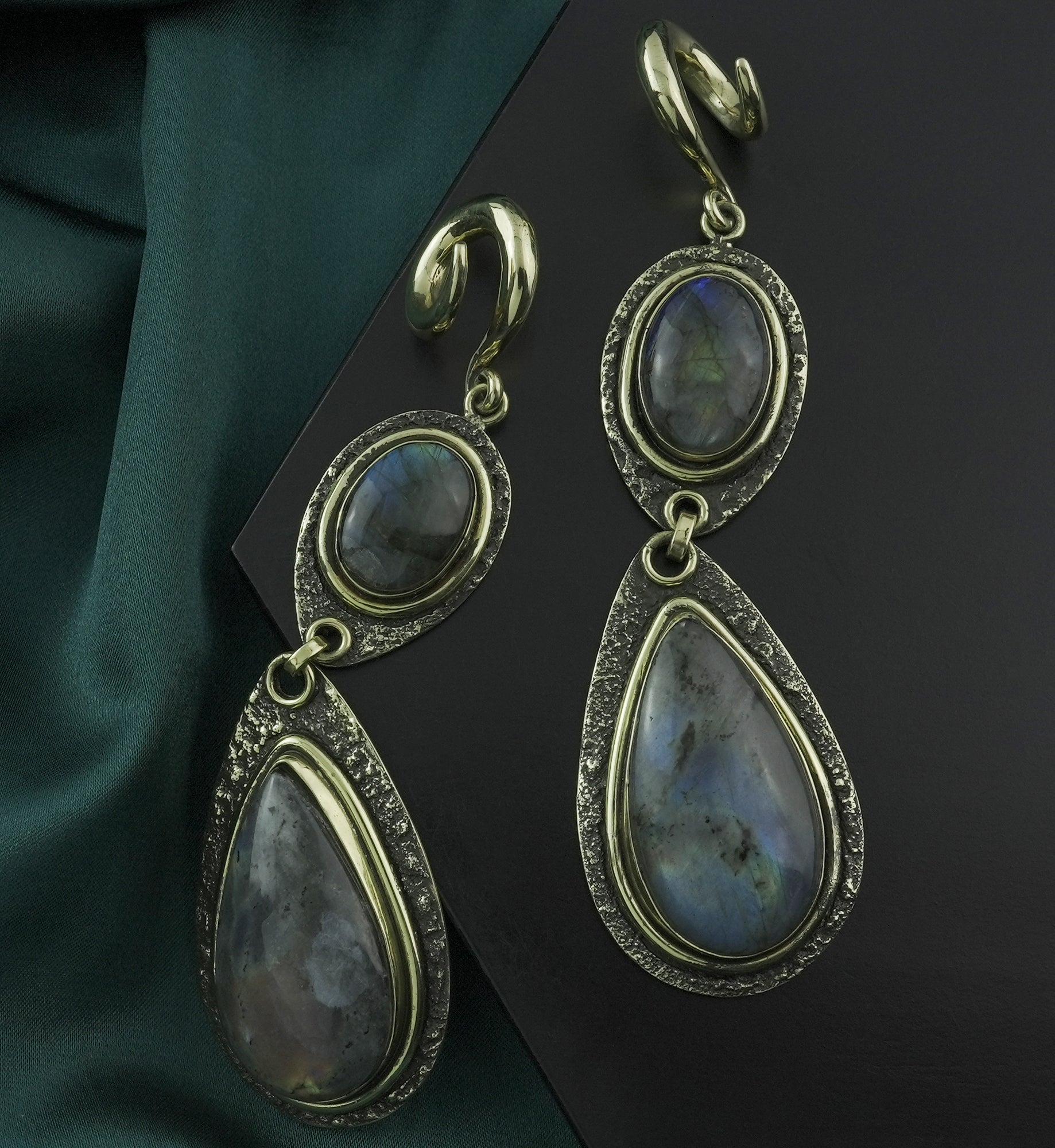 Double Labradorite Stone Hanging Brass Ear Weights