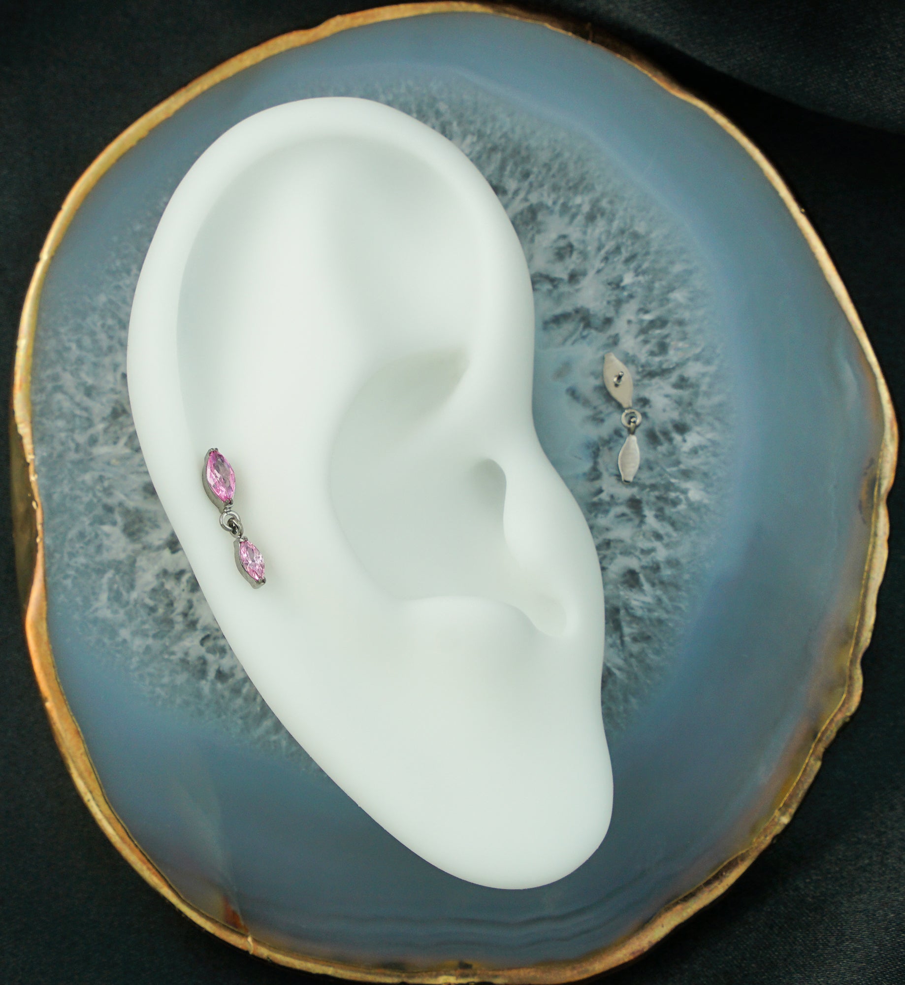 Double Marquise Pink CZ Dangle Titanium Threadless Top