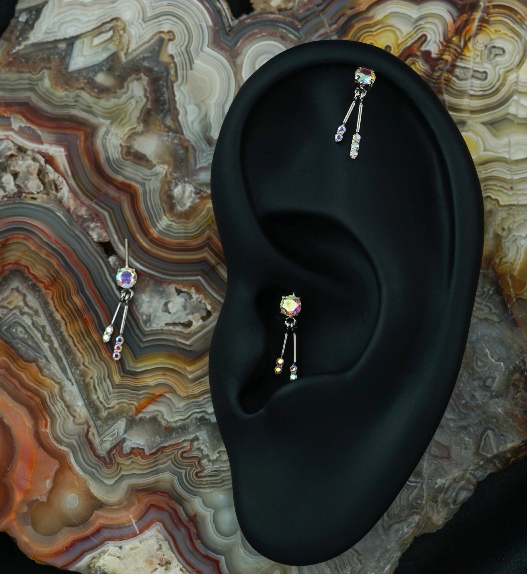 Double Rainbow Aurora CZ Bar Dangle Vertical Titanium Threadless Top