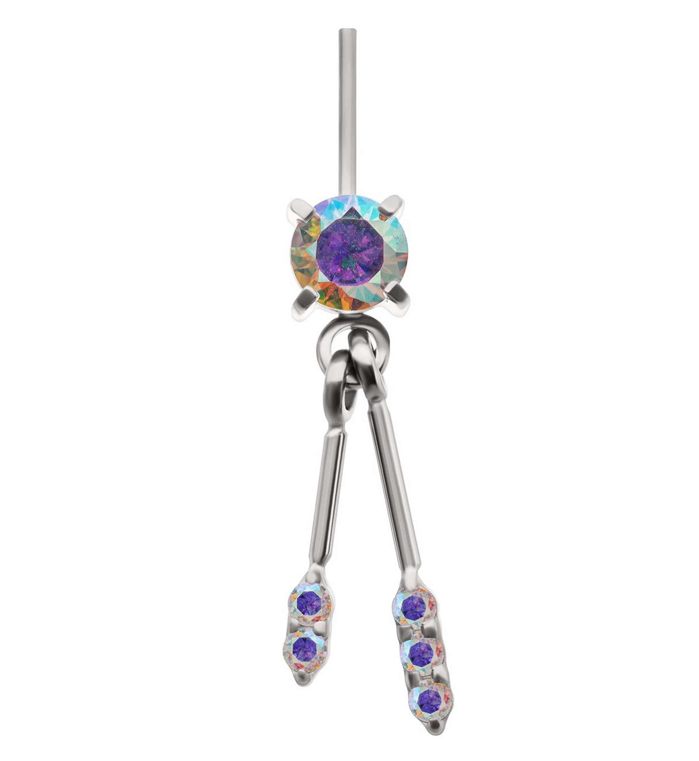 Double Rainbow Aurora CZ Bar Dangle Vertical Titanium Threadless Top