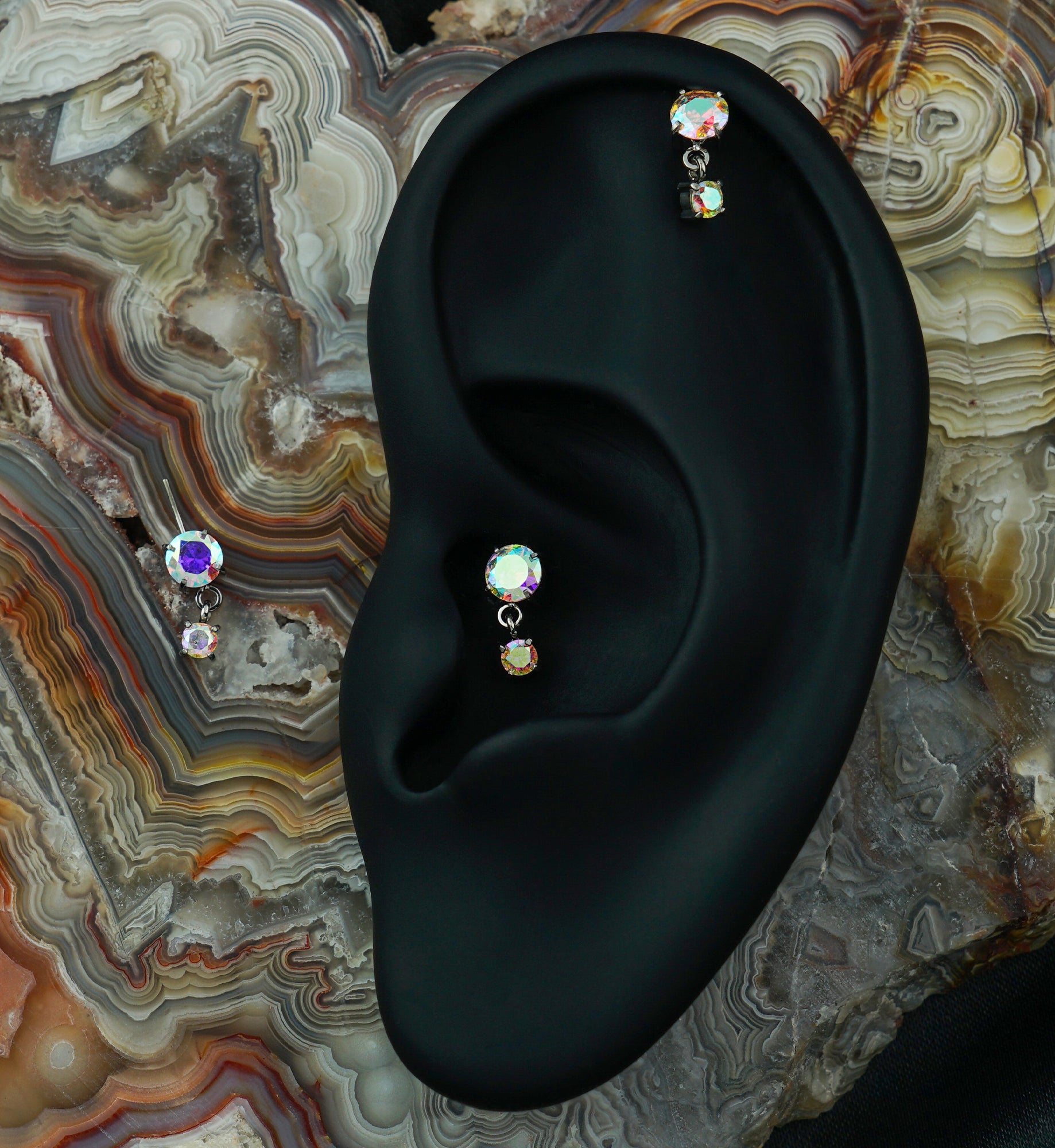 Double Rainbow Aurora CZ Dangle Vertical Titanium Threadless Top