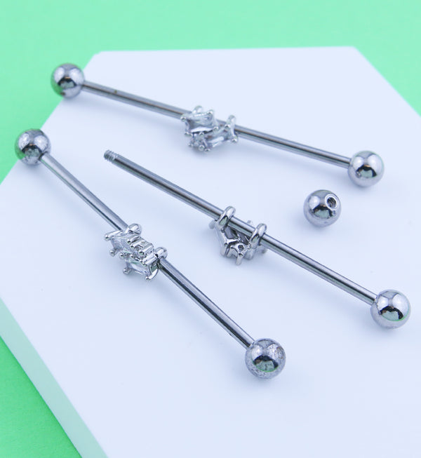 Double Slanted Baguette Clear CZ Stainless Steel Industrial Barbell