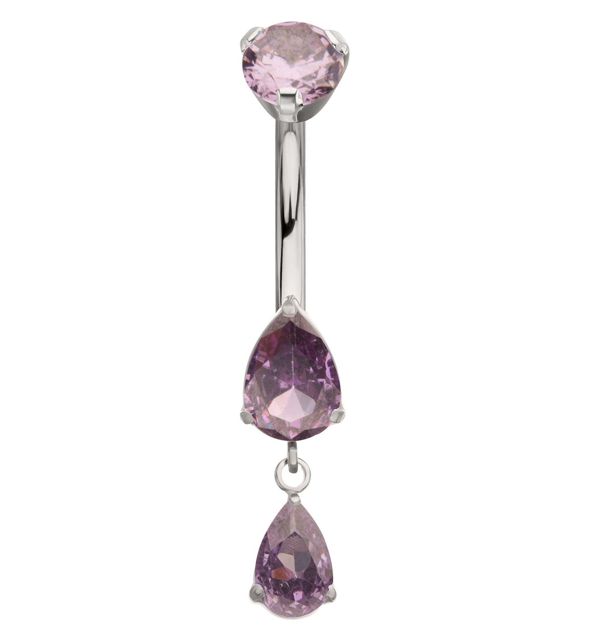 Double Teardrop Amethyst CZ Dangle Titanium Internally Threaded Belly Button Ring