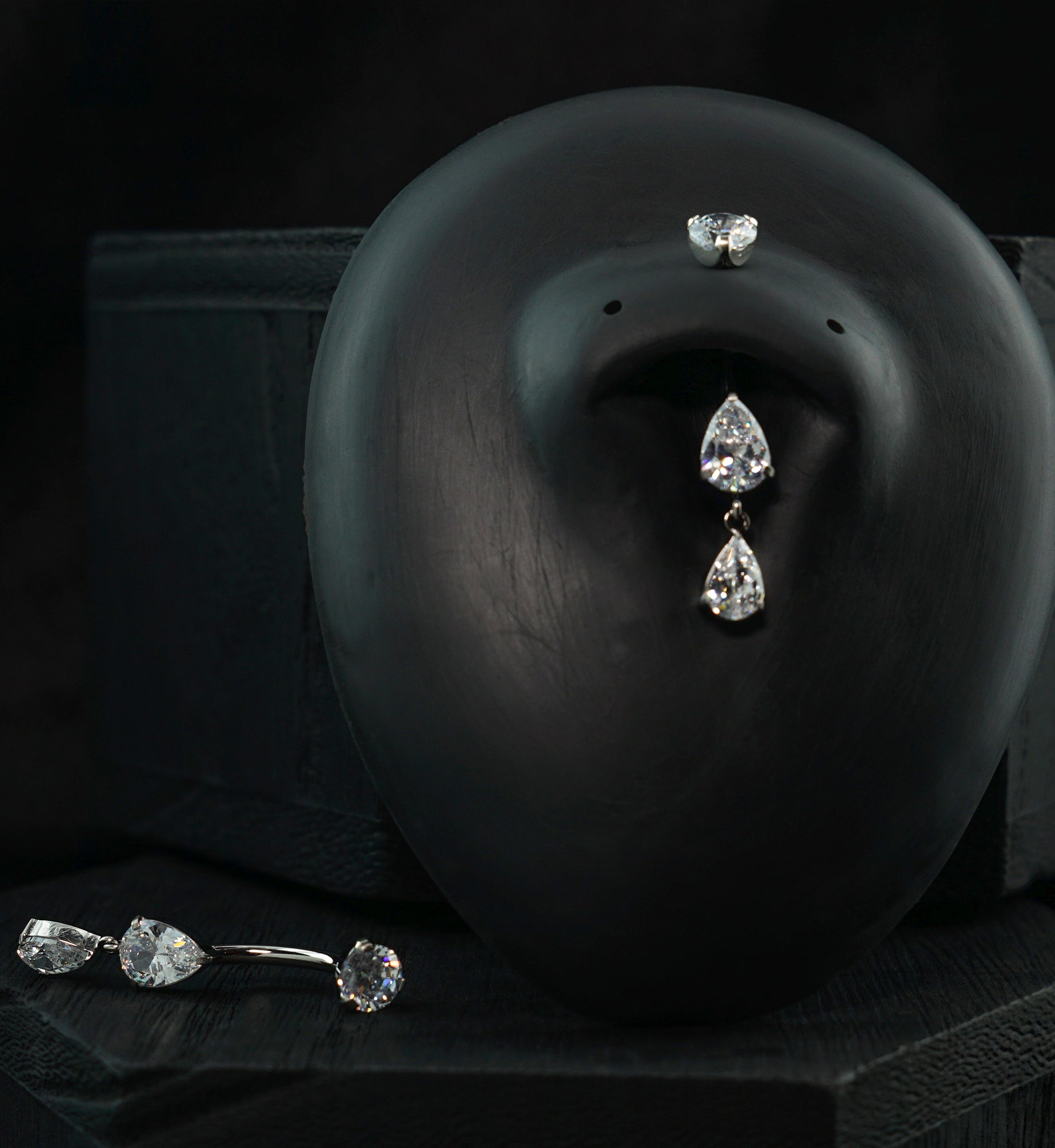 Double Teardrop Clear CZ Dangle Titanium Internally Threaded Belly Button Ring