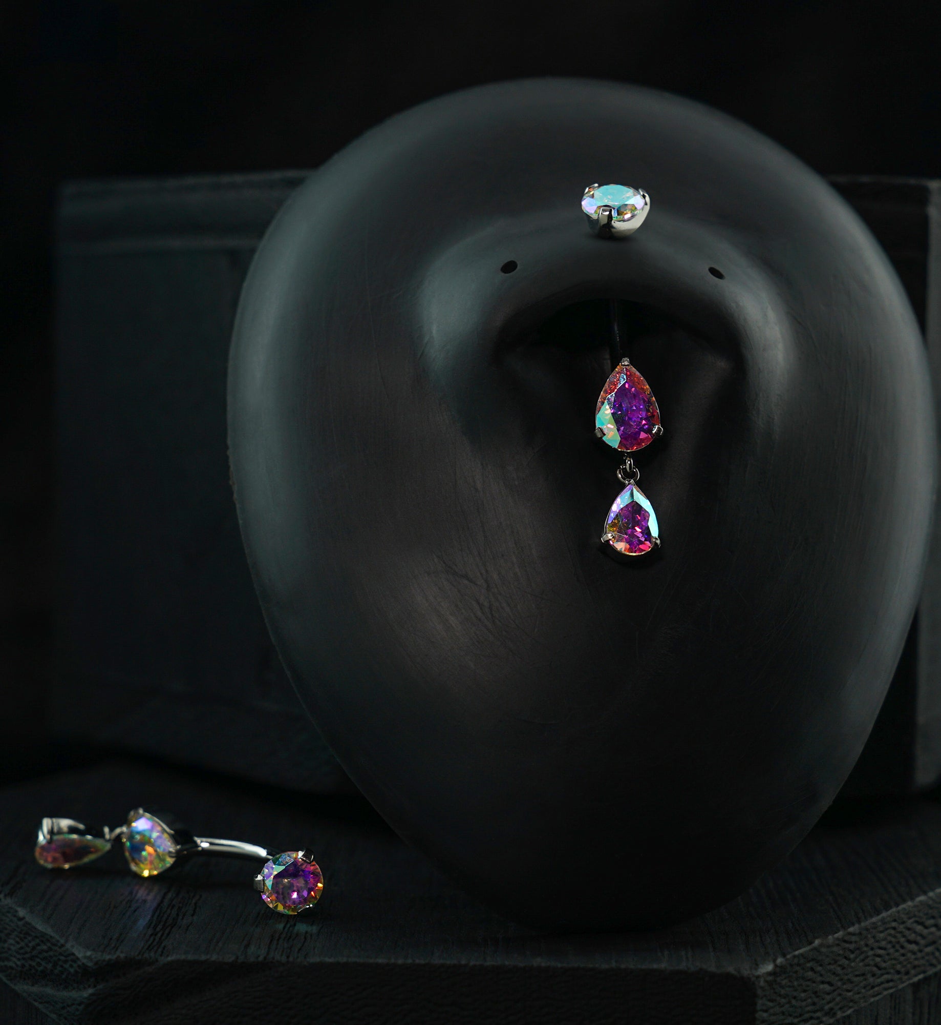 Double Teardrop Rainbow Aurora CZ Dangle Titanium Internally Threaded Belly Button Ring