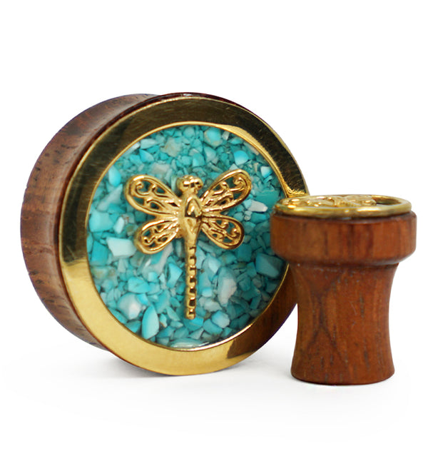 Brass Dragonfly Wood Plugs With Teal Stone Inlay