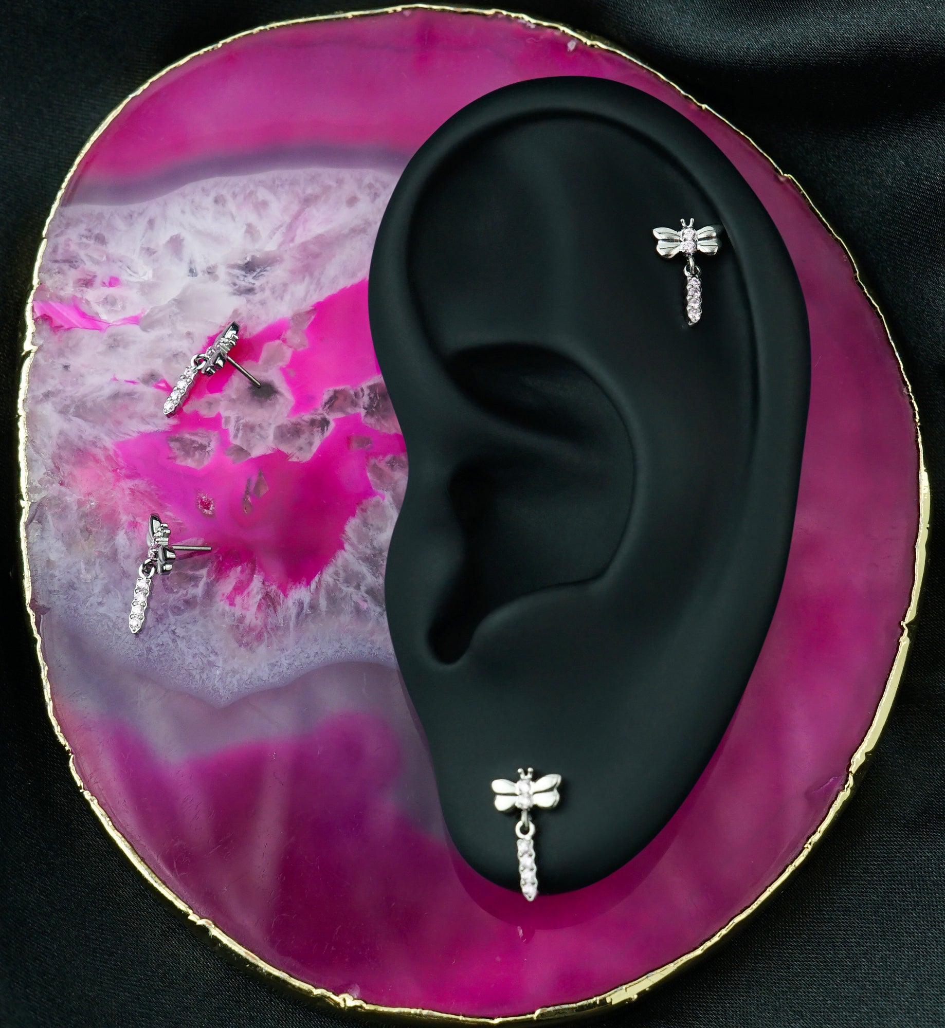 Dragonfly Pink CZ Dangle Titanium Threadless Top