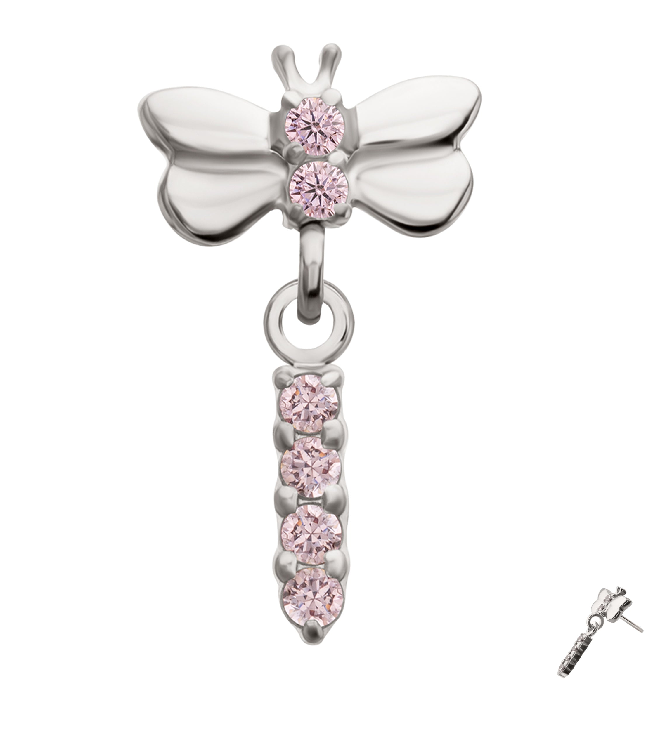 Dragonfly Pink CZ Dangle Titanium Threadless Top