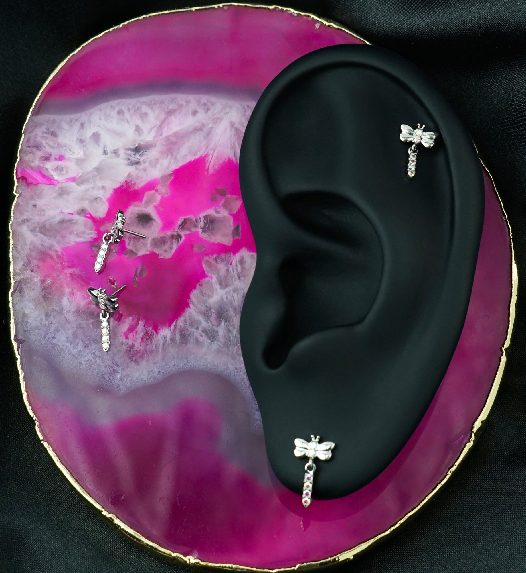 Dragonfly Rainbow Aurora CZ Dangle Titanium Threadless Top