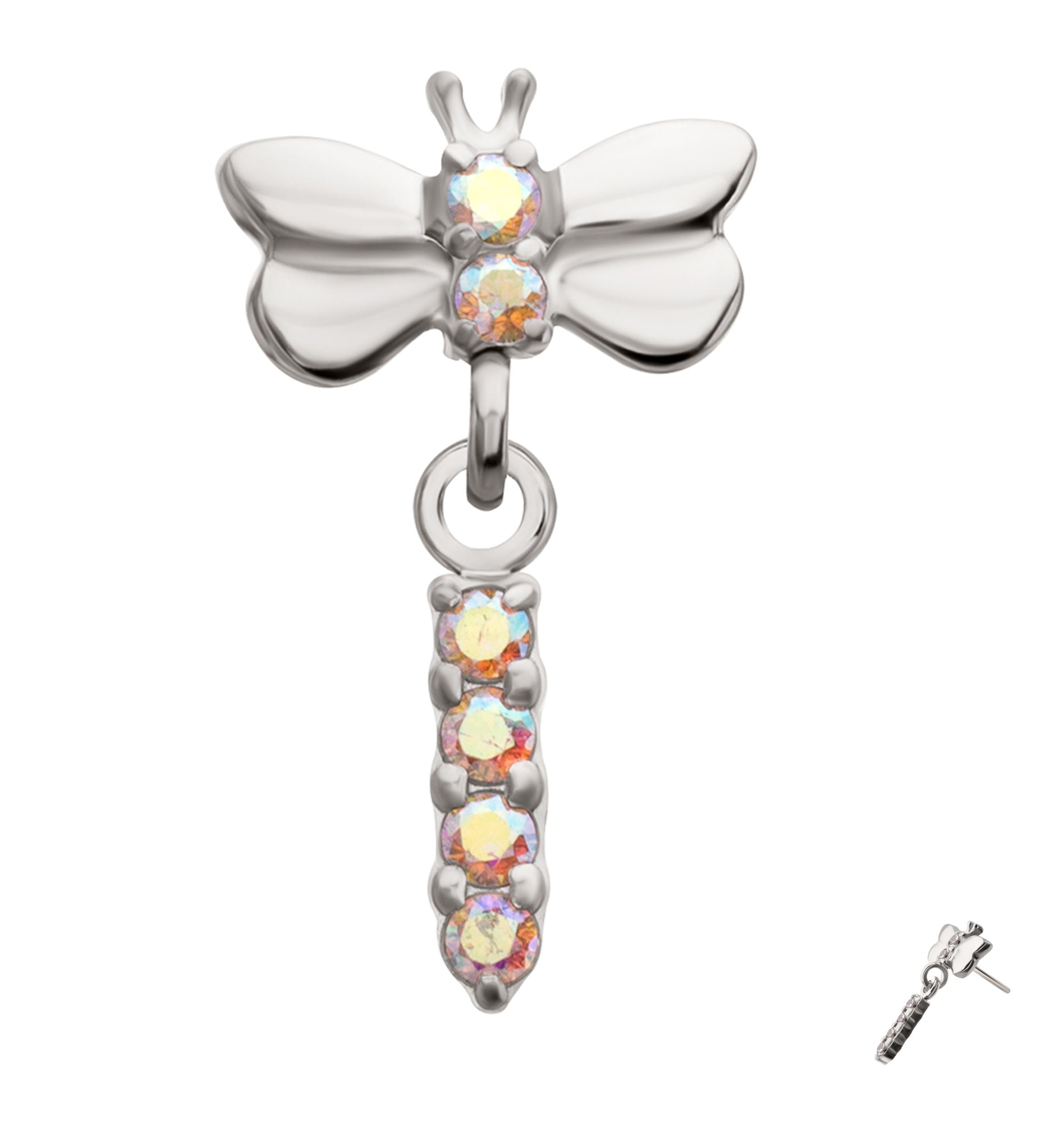 Dragonfly Rainbow Aurora CZ Dangle Titanium Threadless Top