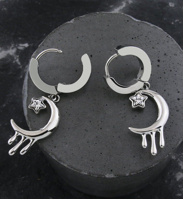 Dripping Half Moon Star Clear CZ Stainless Steel Hoop Huggie Earrings