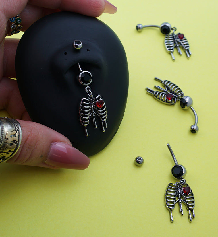 Dripping Ribcage Red Heart CZ Stainless Steel Belly Button Ring