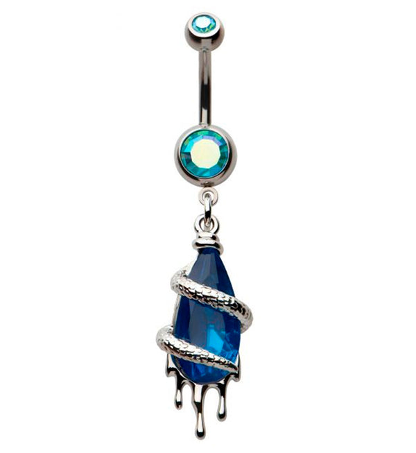Dripping Snake Wrapped Blue Rainbow Aurora CZ Stainless Steel Belly Button Ring