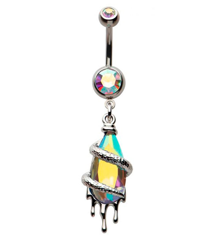 Dripping Snake Wrapped Rainbow Aurora CZ Stainless Steel Belly Button Ring