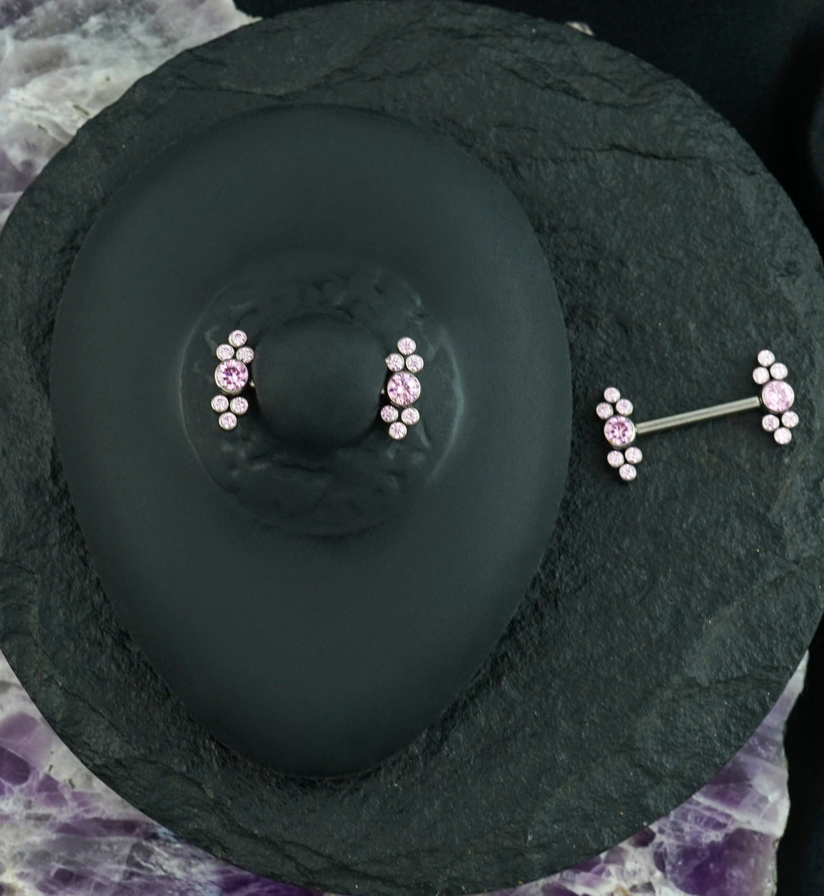 Dual Array Pink CZ Titanium Internally Threaded Nipple Ring Barbell