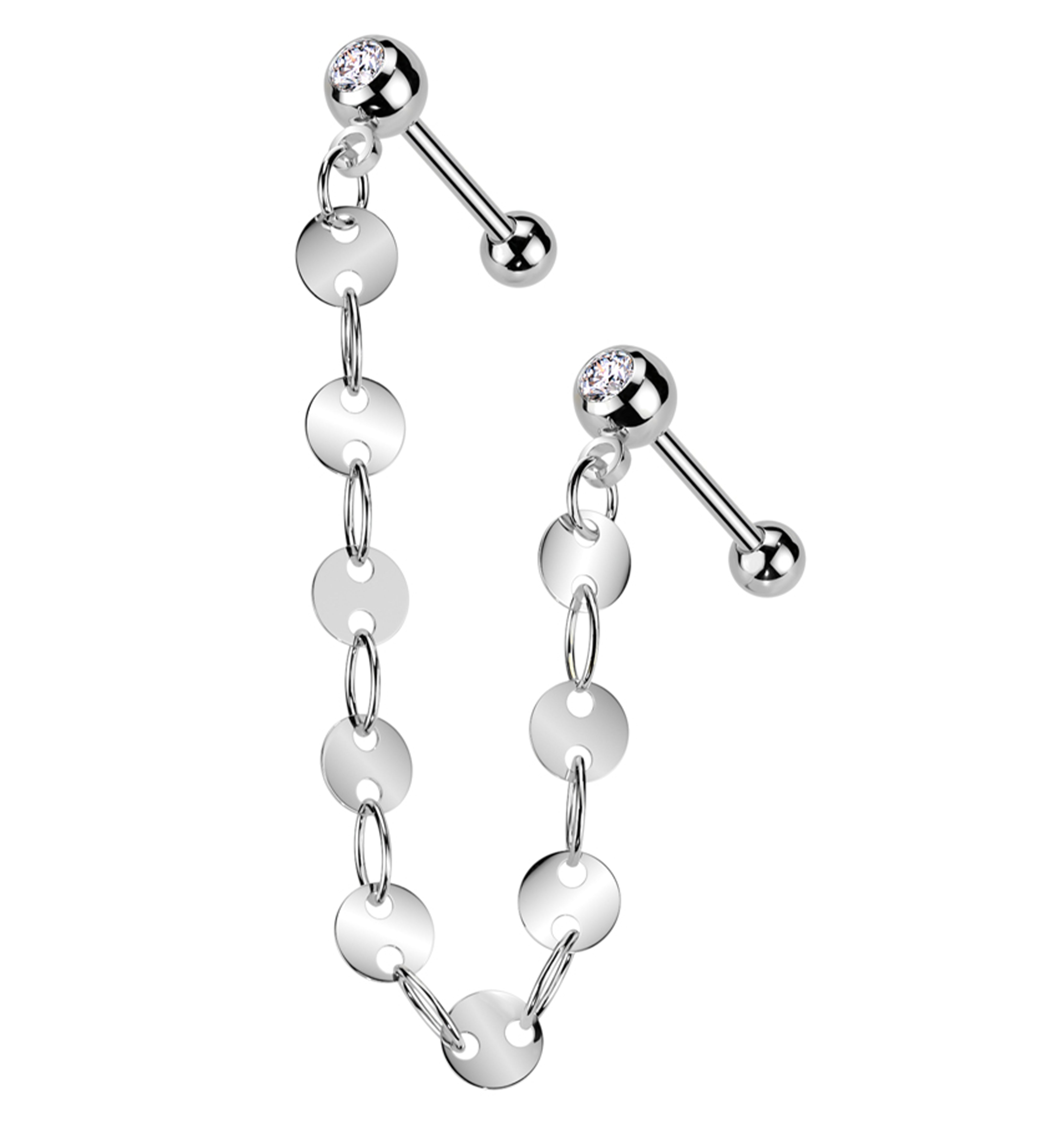 Dual Barbell Clear CZ Stainless Steel Flat Disk Link Piercing Chain