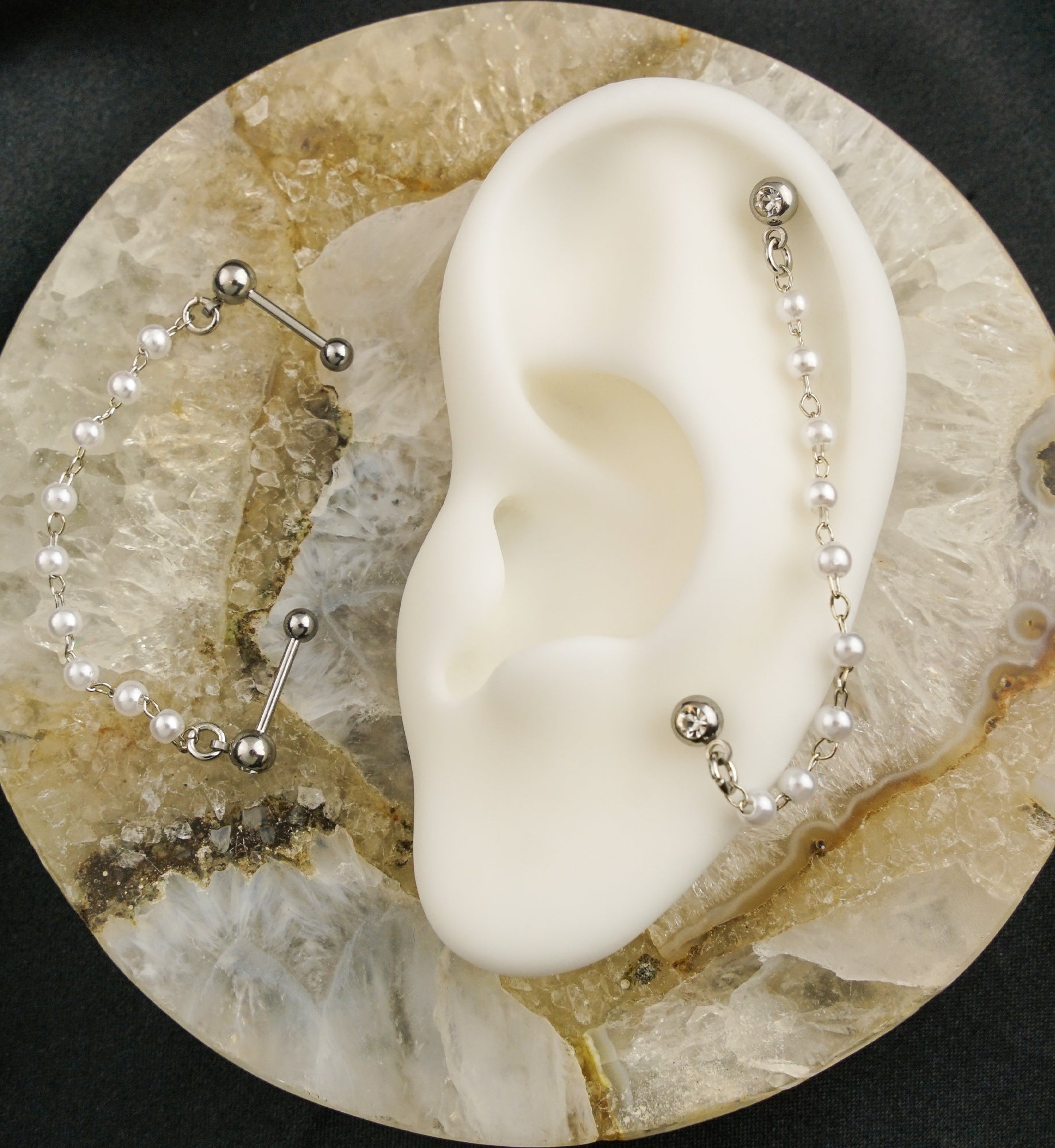 Dual Barbell Clear CZ Stainless Steel Pearl Piercing Chain