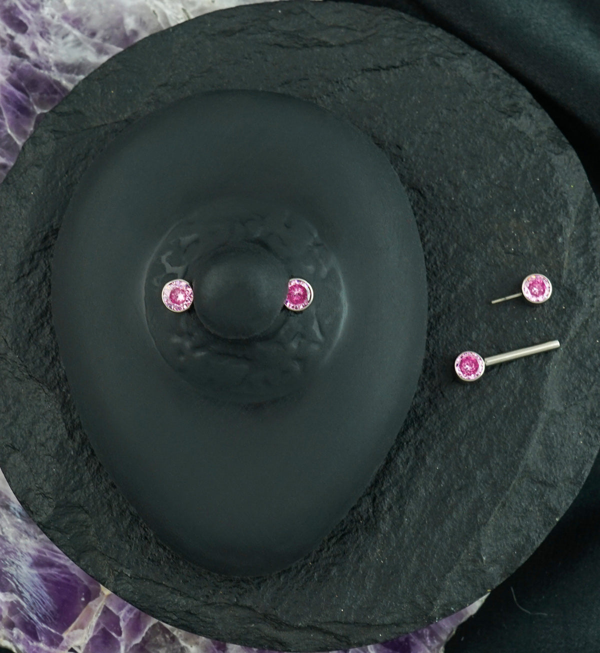 Dual Bezel Pink CZ Titanium Threadless Nipple Ring Barbell