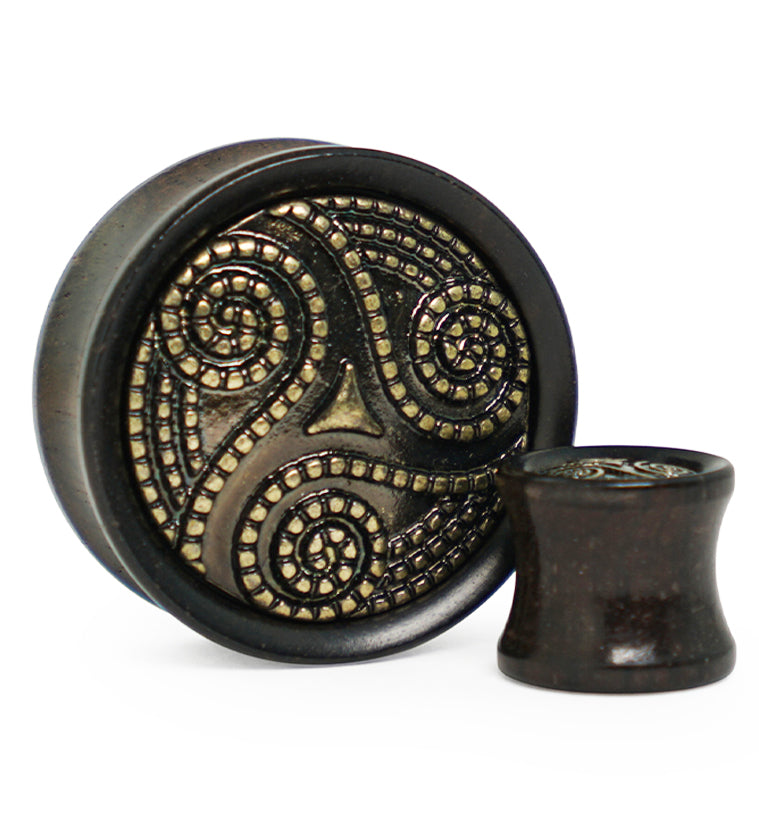 Ebony Wood Plugs With Brass Beaded Swirl Inlay