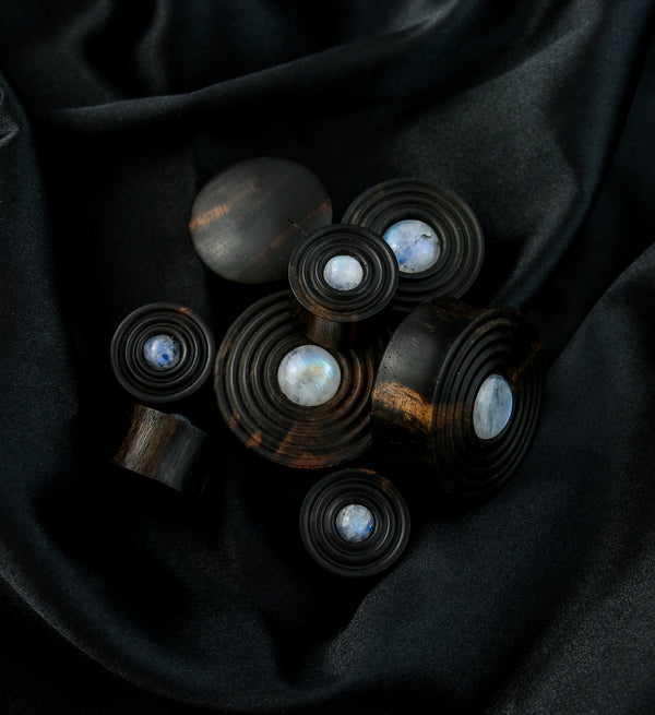 Ecliptic Areng Wood Plugs With Grade AA Moonstone Inlay