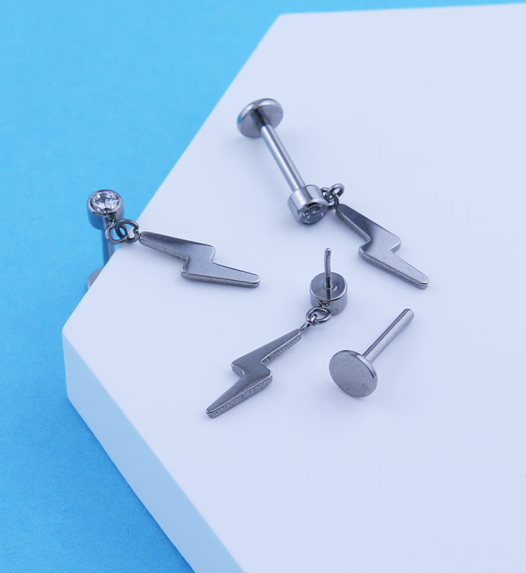 Electric Bolt Dangle Clear CZ Titanium Threadless Labret