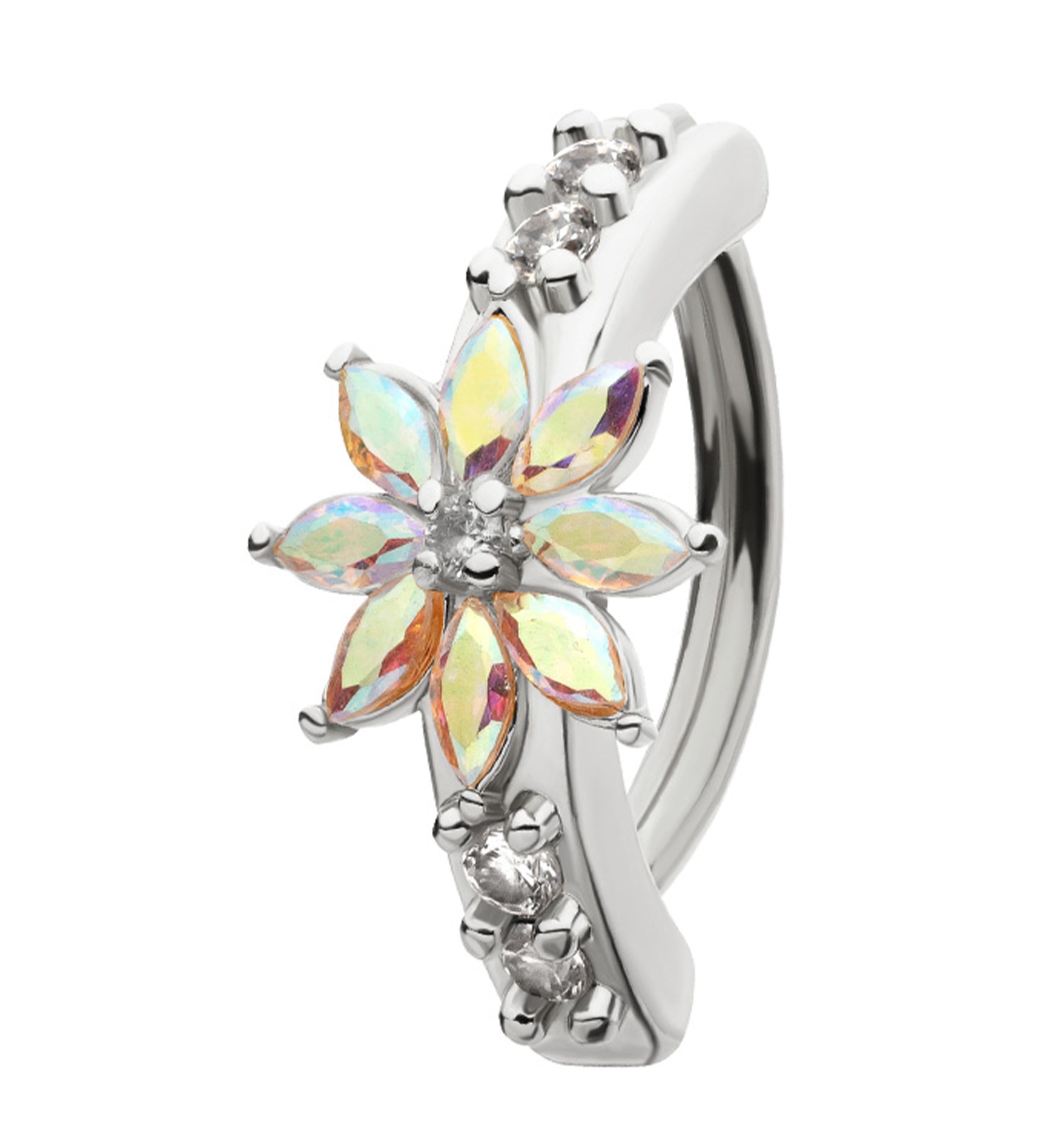 Elegant Flower Rainbow Aurora CZ Stainless Steel Hinged Belly Button Ring